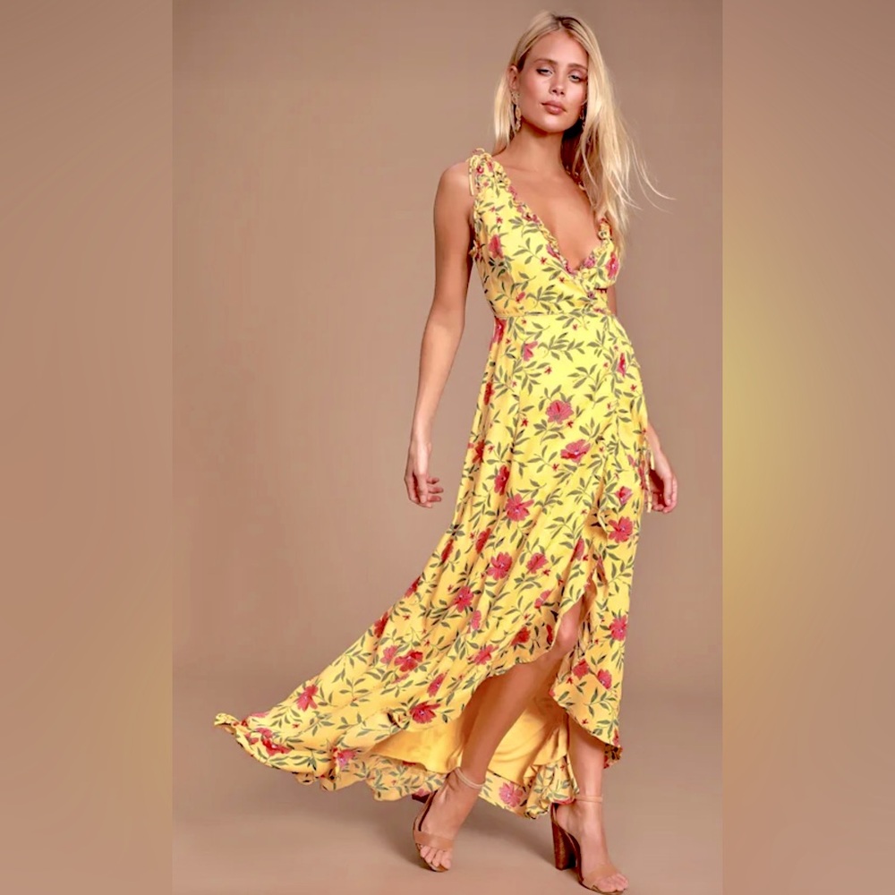 Lulu’s Blossoming Heart Yellow Floral Print Ruffled High-Low Wrap Dress - Picture 5 of 10